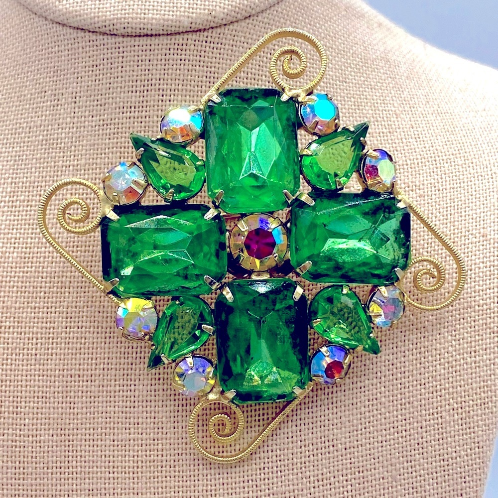 Vintage Gold Tone Green And Aurora Borealis Rhinestones Unique Statement Brooch